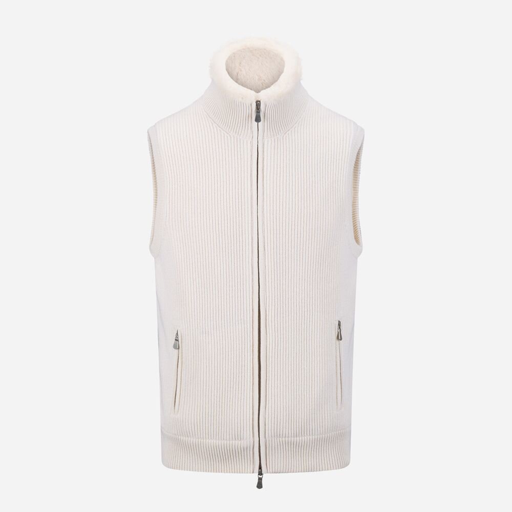 Full Zip Vest Cashmere-faux Fur - White | Gran Sasso